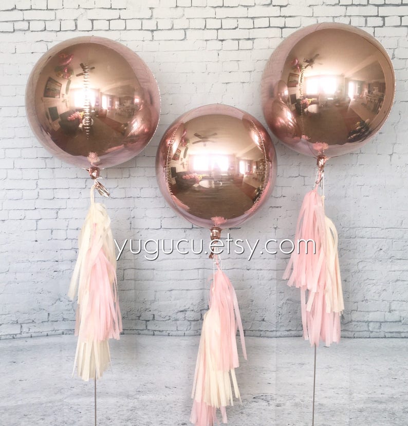 Metallic Rose Gold Round 15 Foil Balloons with tassel, Rose Gold Decor, Baby Shower, It's a Girl, Bachelorette Party, Sweet Sixteen image 1