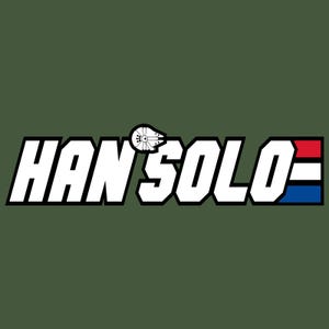 May include: A graphic design on a dark green background features the text "HAN SOLO" in bold white letters with a black outline. A small Millennium Falcon graphic is above the "N". The right side has red, white, and blue stripes.