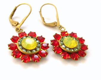 Red super sparkly cluster earrings Ruby, yellow opal, and blue  Swarovski crystal clusters Brass set and gold plated. Swarovski crystal