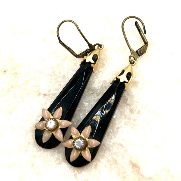 Vintage jet glass drop earrings with pink flower  - repurposed vintage crystal drops  earrings OOAK handmade earrings Art Deco boho jewelry