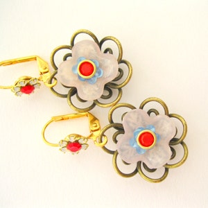 Vintage Light Pink flower earrings Dangle Earrings Flowers in a Basket Gold Plated & antiqued brass Floral Handmade Jewelry