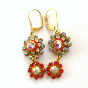 Red super sparkly drop earrings cluster hyacinth red topaz AB Swarovski crystal cluster Brass set and gold plated Handmade Swarovski crystal