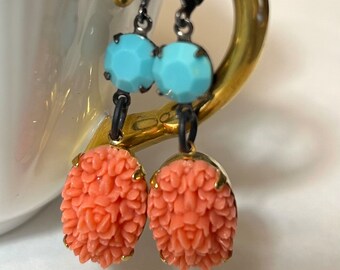 Turquoise and vintage coral flower Earrings Swarovski stones with vintage flowers gunmetal and gold plated dangles handmade earrings