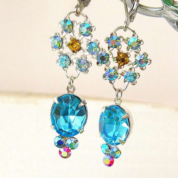 Aquamarine Swarovski crystal dangle earrings - Vintage aqua Swarovski, and lime with Moroccan earrings Marrakesh series.