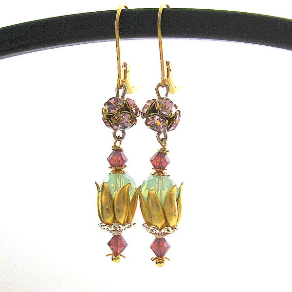 Amethyst mint green cyclamen pink crystal flower earrings Vintage Flower earrings  Scheherazade series.