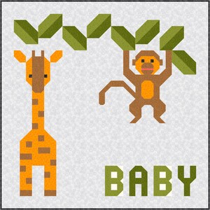 Jungle Baby Quilt Pattern, PDF, Instant Download, modern patchwork, african animal, giraffe monkey leaves tree orange brown green