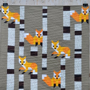 Fox among the Birches Quilt Pattern, now includes TWO SIZES! PDF, Instant Download, modern patchwork, woodland animal, forest, birch tree