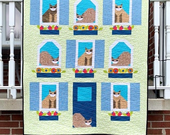 Cat House Quilt for sale modern handmade lap size crib bedding patchwork toddler gender neutral boy girl animal lover