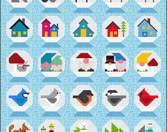Winter Wonderland 25 block Christmas Quilt Pattern, PDF, Instant Download, modern patchwork, woodland, snowmobile animals birds gnomes homes