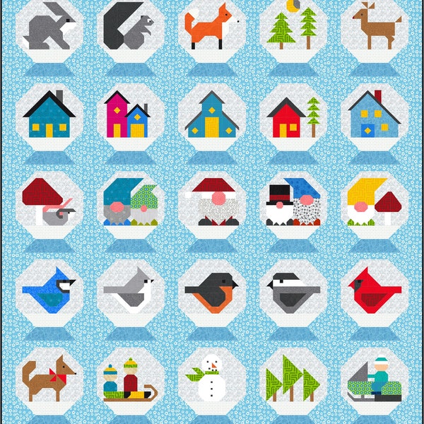 Patron de courtepointe de Noël au pays des merveilles d'hiver, 25 blocs, PDF, téléchargement immédiat, patchwork moderne, bois, motoneige animaux oiseaux gnomes maisons