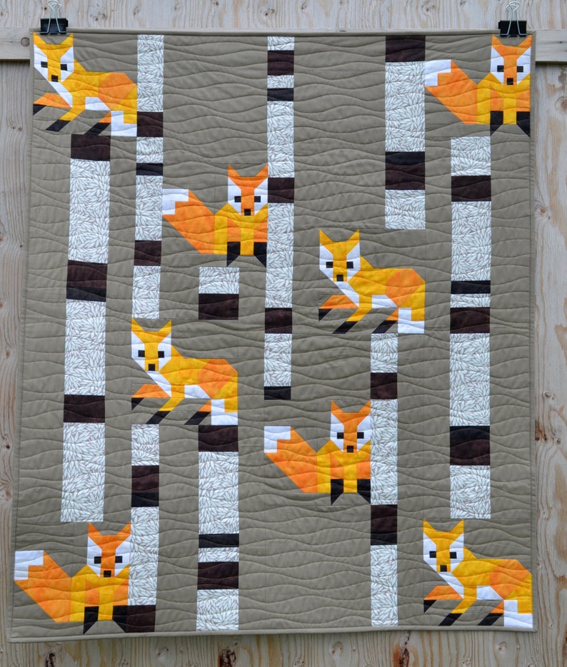 Fox among the Birches Quilt Pattern, now includes TWO SIZES! PDF, Instant Download, modern patchwork, woodland animal, forest, birch tree 