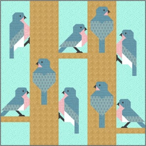 Bluebirds Quilt Pattern, PDF, Instant Download, modern pieced patchwork, pet bird tropical animal mid century modern style nature wings