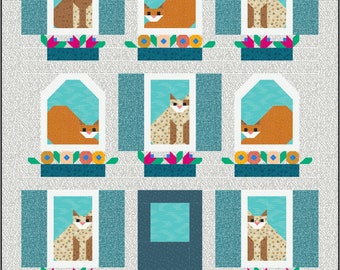 Cat House Quilt Pattern PDF Instant Download modern patchwork, traditional piecing vintage retro cool Crazy cat lady house flowers