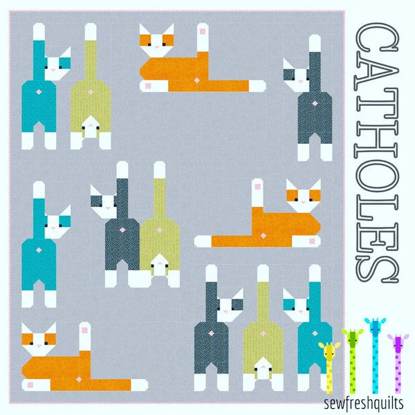 Catholes Quilt Pattern PDF Instant Download modern patchwork, traditional piecing vintage retro cool Crazy cat lady pet lover