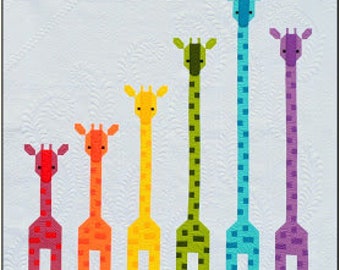 Girafes dans une ligne Quilt Pattern, PDF Instant Download patchwork moderne tour de bébé taille animal africain girafe orange vert bleu violet arc-en-ciel