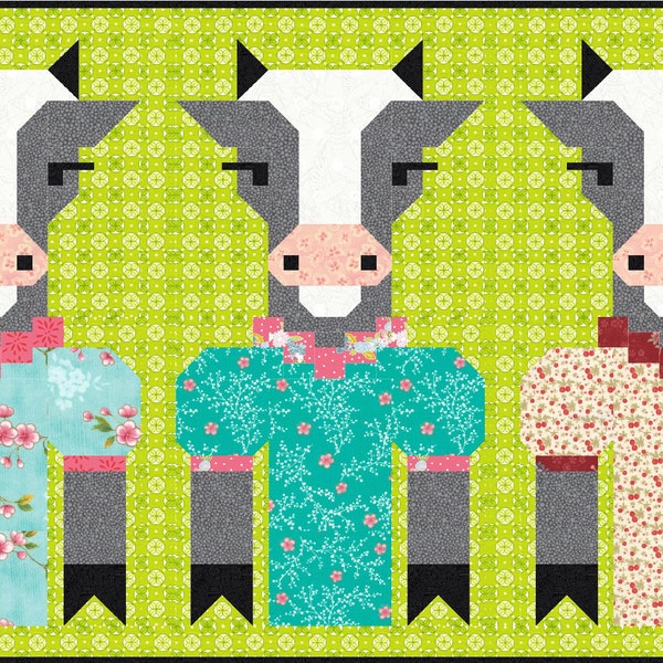 Cow Girls in Pearls Quilt Pattern, PDF Instant Download modern patchwork baby lap size farm animal orange green blue purple rainbow