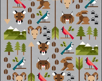 Forest Friends 2 Quilt Pattern, PDF, Instant Download, forest animals, cougar lynx bird woodland hunter mountain goat arrow modern patchwork