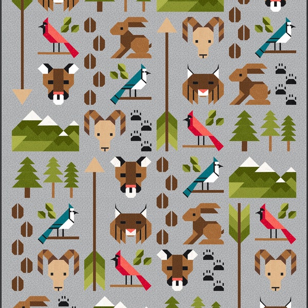 Forest Friends 2 Quilt Pattern, PDF, Instant Download, forest animals, cougar lynx bird woodland hunter mountain goat arrow modern patchwork