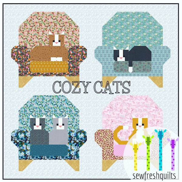 Cozy Cats Quilt Pattern PDF Instant Download modern patchwork, traditional piecing vintage retro cat lover