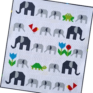 Elephant Parade PAPER Quilt Pattern, modern patchwork, animal, turtle, frog, bird, flower, grey, white, green, red, blue