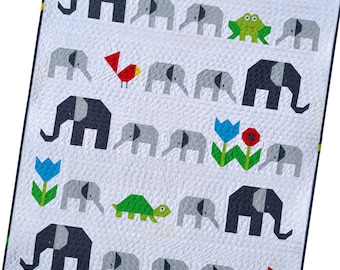 Elephant Parade Quilt Pattern, PDF,  instant download, modern patchwork, animal, turtle, frog, bird, flower, grey, white, green, red, blue