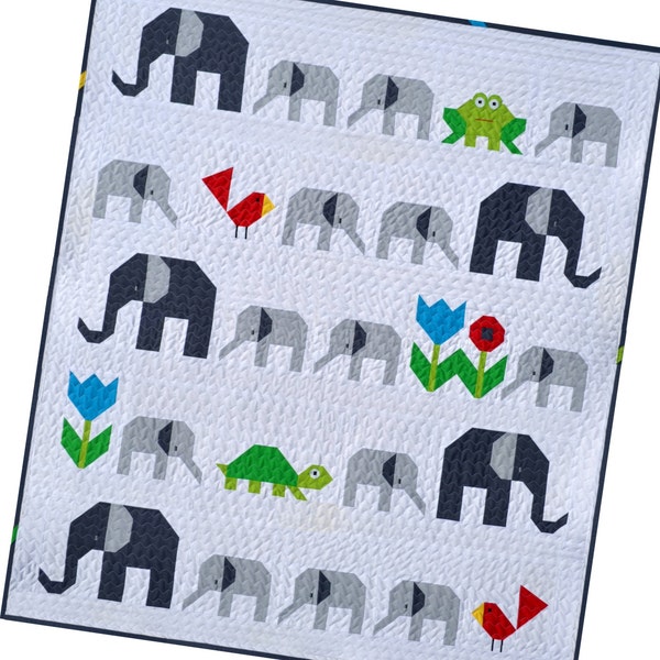 Elephant Parade Quilt Pattern, PDF,  instant download, modern patchwork, animal, turtle, frog, bird, flower, grey, white, green, red, blue