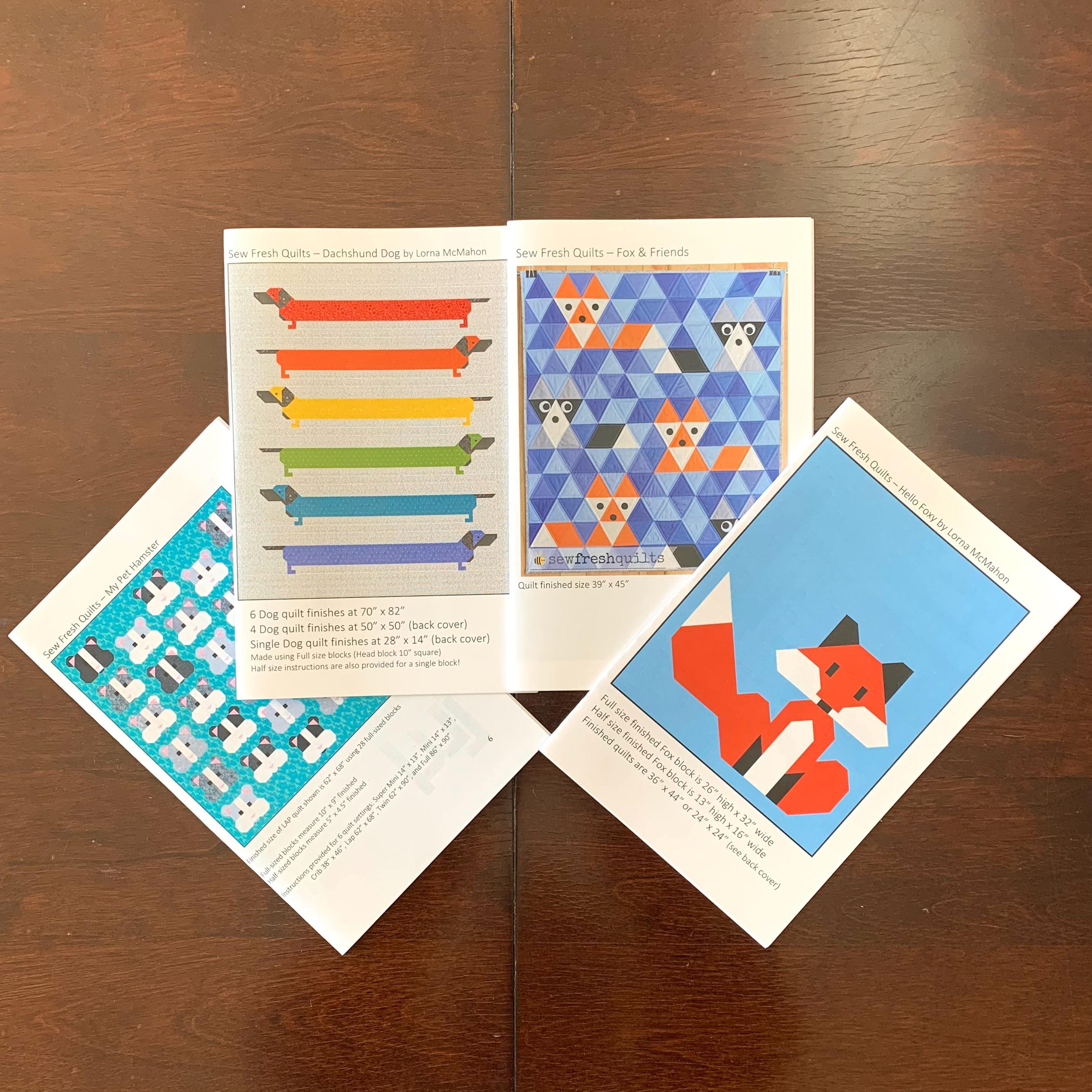 4 PAPER Quilt Patterns, to be mailed modern patchwork animal fox hamster wiener dog  dachshund Guinea pig traditional piecing