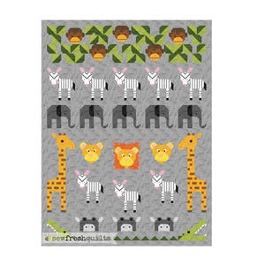 Jungle Friends Quilt Pattern, PDF, Instant Download, animals, elephant, monkey, lion, zebra, giraffe, crocodile, hippo, modern patchwork