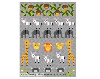 Jungle Friends Quilt Pattern, PDF, Instant Download, animals, elephant, monkey, lion, zebra, giraffe, crocodile, hippo, modern patchwork