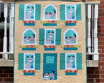 Dog House Quilt for sale modern handmade lap size crib bedding patchwork toddler gender neutral boy girl animal lover