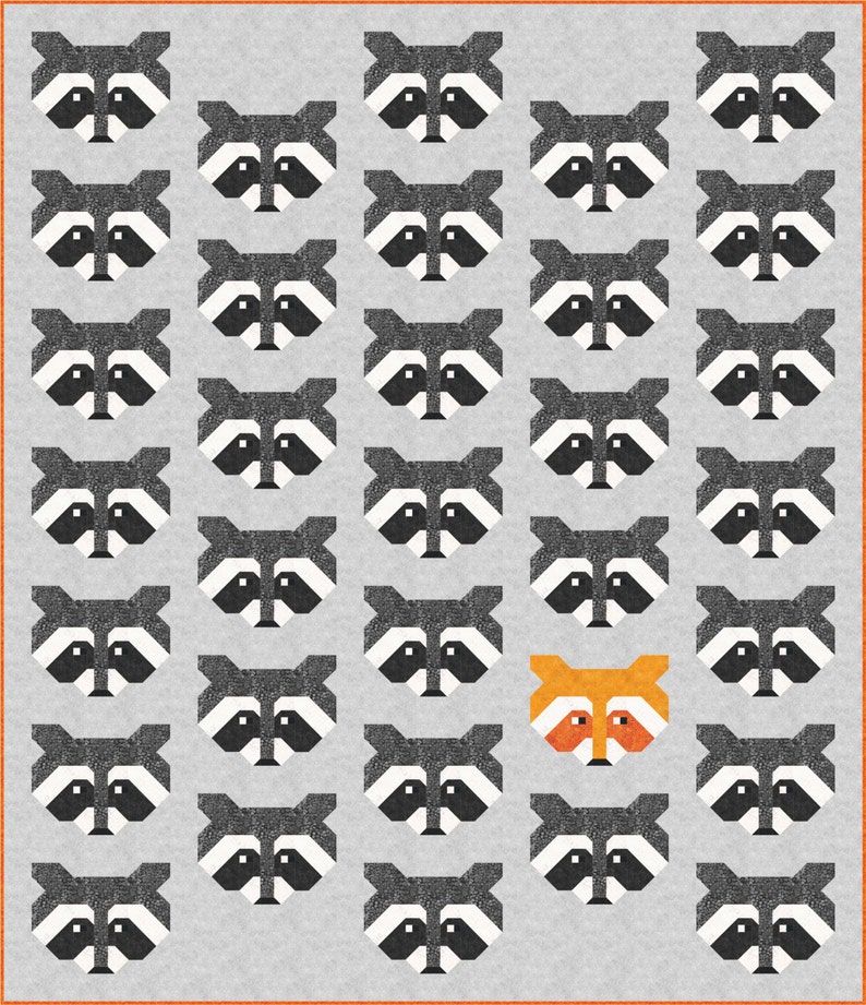 Raccoon Quilt Pattern, PDF, Instant Download, modern patchwork, raccoon, animal, lap quilt, mini quilt, baby quilt, twin quilt, full quilt image 1