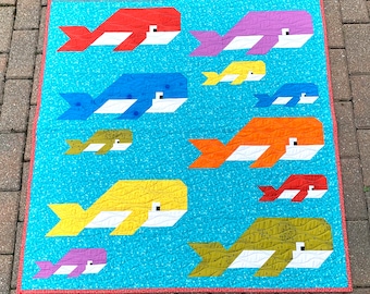Whale Pod Quilt for sale Ready to ship blanket bedding patchwork ocean water orca