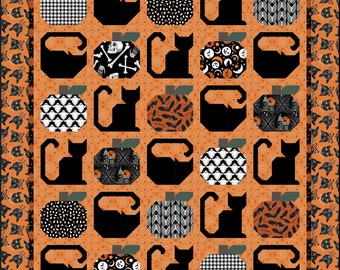 Halloween Cats Quilt Pattern, Paper pattern, modern patchwork, pumpkin cat kitten pet black orange silhouette kitty