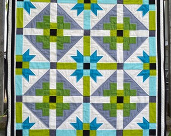 Baby Quilt Pattern, PDF, instant download, KONA Solids, modern patchwork, blue, green, black, white, grey.