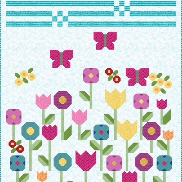 Flowers Quilt Pattern, PDF, Instant Download, spring, garden, floral, pretty, tulip, butterfly, modern patchwork