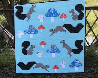 Squirrels and Mushrooms Quilt for sale Ready to ship throw couch blanket bedding patchwork Lap throw gift Christmas cozy warm