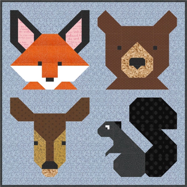 F es para FOREST Fox Deer Bear Squirrel animal - Back 2 School Quilt Pattern pdf Descarga instantánea DIY patchwork moderno 5" 10" 20" bloque fácil