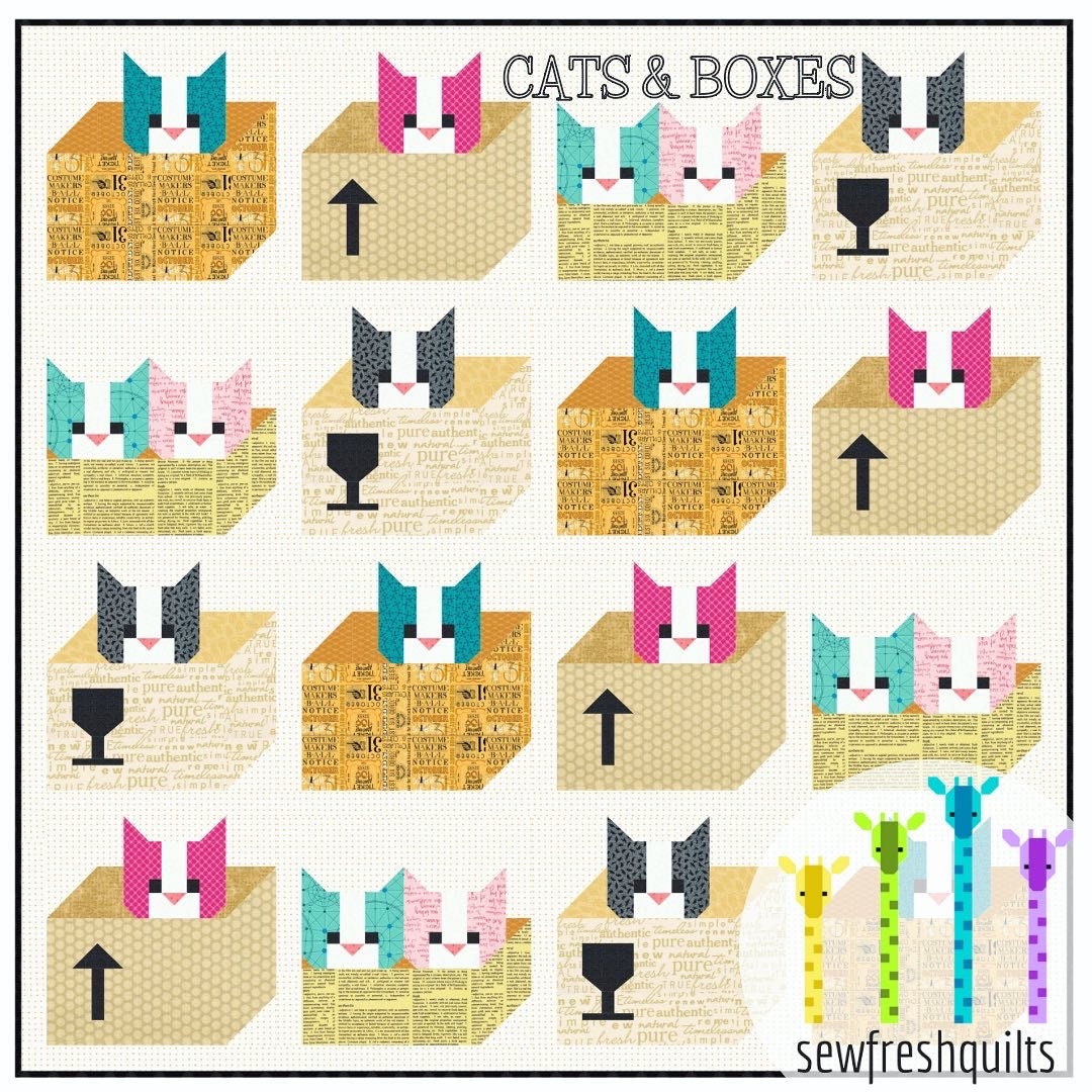 Cats & Boxes Quilt Pattern PDF Instant Download Modern Patchwork, Traditional Piecing Vintage