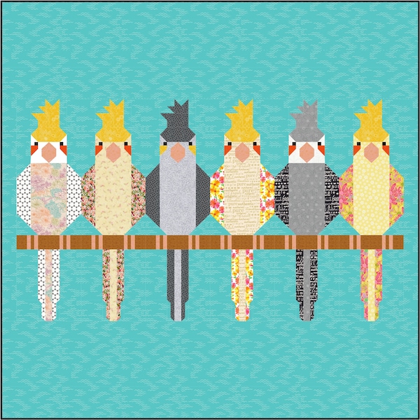 Cockatiels Quilt Pattern, PDF, Instant Download, modern pieced patchwork, pet bird tropical animal mid century modern style