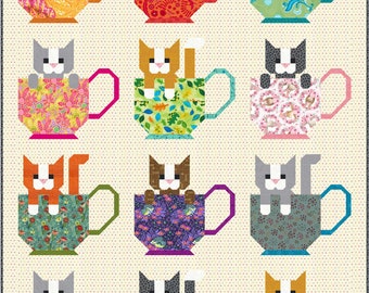 Kittens in Cups Quilt Pattern PDF Instant Download modern patchwork, traditional piecing vintage retro cat lover