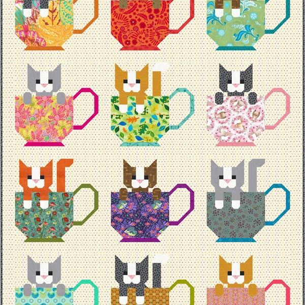 Modèle de courtepointe chatons dans des tasses PDF à téléchargement immédiat, patchwork moderne, pièce traditionnelle pour amoureux des chats rétro vintage