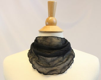 Tracheotomy Sheer Black Crinkle Chiffon Snap-On Neck Scarf for Tracheostomy Cover