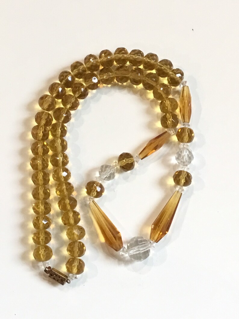 Vintage Faceted Butterscotch Glass Bead 24\u201d Necklace-Large HoneyAmber Clear Beads-Crystals-Mid Century-Antique Necklace