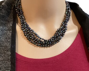 Five Strands Gray Peacock Pearl Necklace-Fresh Water Pearls-Knotted-Layered Pearl Necklace