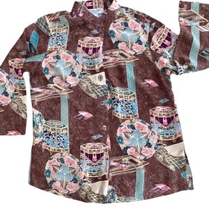 Vintage Citron of Santa Monica 100% SILK Blouse-Brown Multi Color Print-Asian Inspired Print Mandarin Collar-3/4 Sleeves
