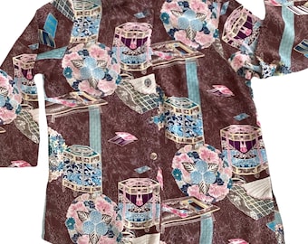 Vintage 100% Silk Blouse by Citron of Santa Monica-Brown Multi Color Asian Inspired Print Mandarin Collar-3/4 Sleeves