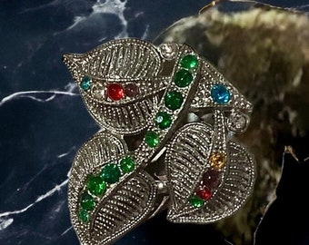 Vintage Deco Old Hollywood Multi Color Rhinestone Pot Metal Dress Clip Vintage Art Deco Multicolor Pot Metal & RHINESTONE 3 Leaf  main image 3