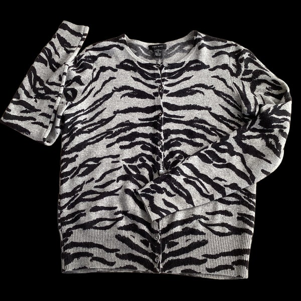 100% CASHMERE Cardigan-Ladies Size Small-Cozy Black & Gray Zebra Stripe Animal Print-Button Down Vintage Animal Print Sweater