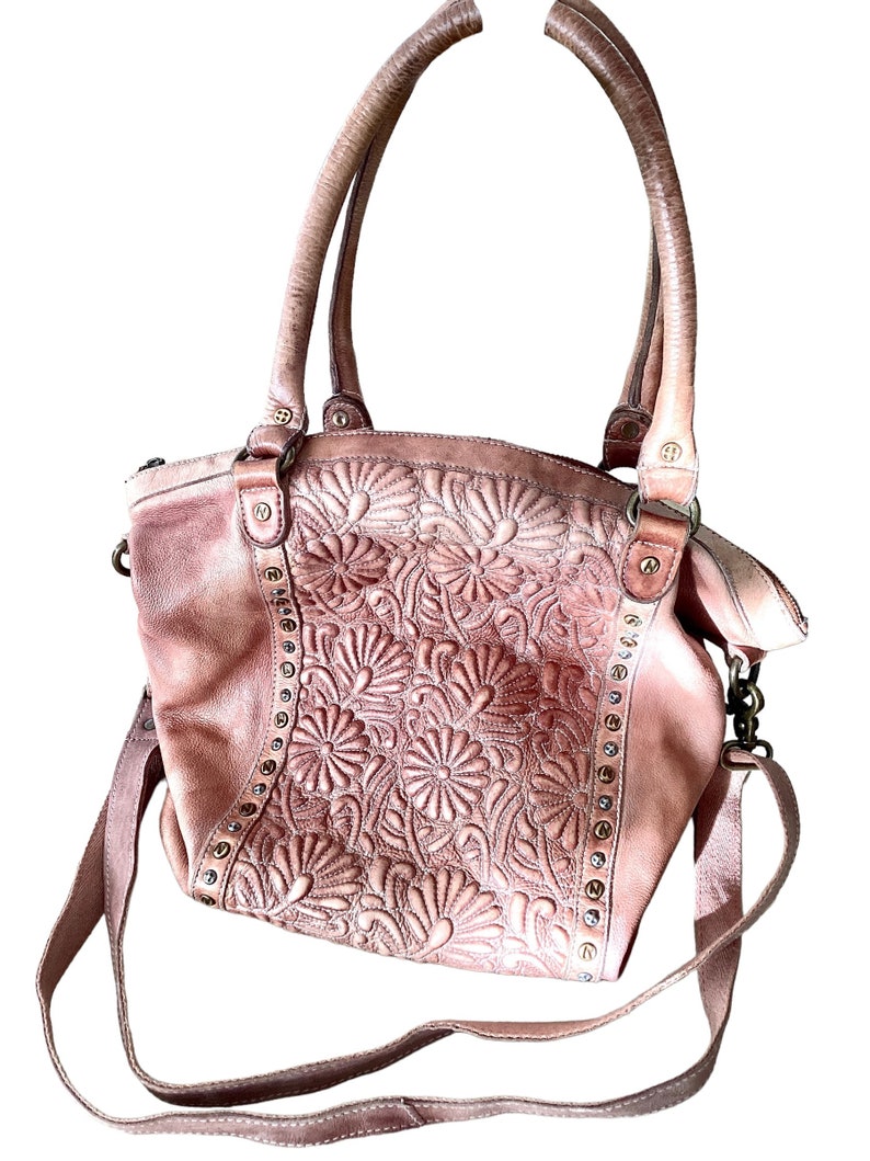 Old Trend Modern Vintage Handbag-Weathered Brown Leather-Shoulder/Crossbody/top Handle-Top Stitched Raised Flowers-Studs-Boho Hippie Chic image 2