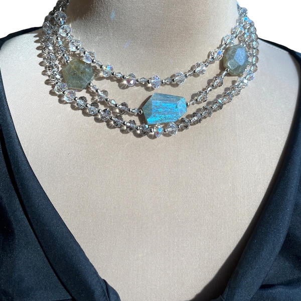 Triple Strand Crystal/ Labradorite Silver Bib Bling Necklace-Sparkling Crystals Silver Accent Beads-Faceted Gemstones-Special Occasion-Gift